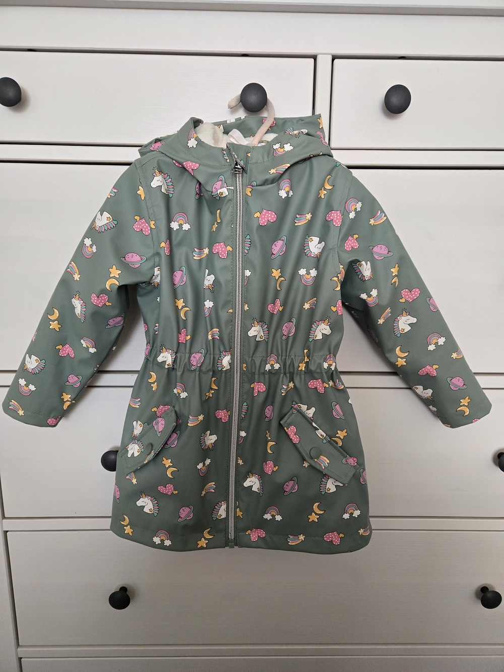 Girls' Hooded Sage Green Unicorn Raincoat with Elastic Waist